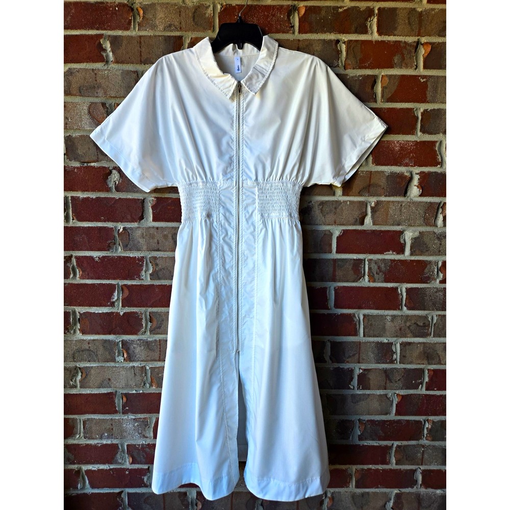 Glam White Collared Zip Front Midi Dress Small NWT Smocked Waist Pockets Lined